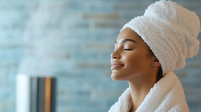 Woman emerging from steam room, wrapped in towel.
