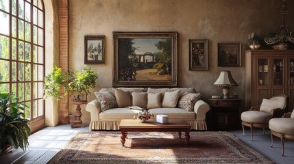 Elegant Living Room with Ornate Furniture and Artwork