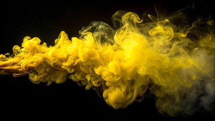 Yellow smoke billowing against a dark black background, surreal, vibrant, abstract, atmospheric, contrasting colors, mysterious