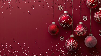 Red Christmas Ornaments with White Snowflakes on a Burgundy Background