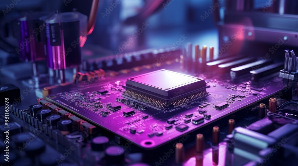 Poster cpu processor on modern motherboard in service shop with purple light. neural network ai generated a