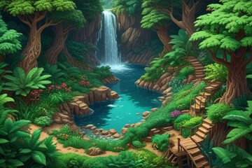 exotic foggy forest natural forest landscape. vector illustration . Landscape silhouette. Dense trees, lush spring, summer grass. Tropical forest with dense vegetation of trees, shrubs and vines.