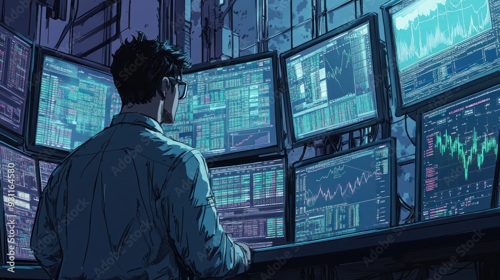 Poster A Man Monitoring Stock Market Data on Multiple Computer Screens