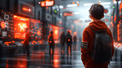 A futuristic virtual city scene filled with people, surrounded by symbols of future innovation and progress through the interface screen.