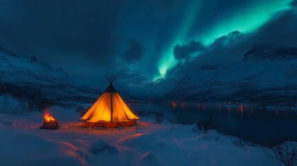 tent glows amidst the serene, snow-covered winter mountains under a clear, starry sky. The tranquil, remote setting evokes a sense of solitude, adventure, and connection with nature