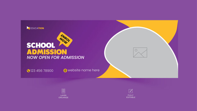 School admission facebook cover design, back-to-school social media banner, online education banner ads template.	
