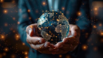 Fototapeta premium Businessman hold global business globe with network connected to digital marketing strategy and creative solution
