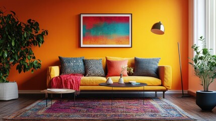 Yellow Sofa in a Room with Orange Walls and a Colorful Rug