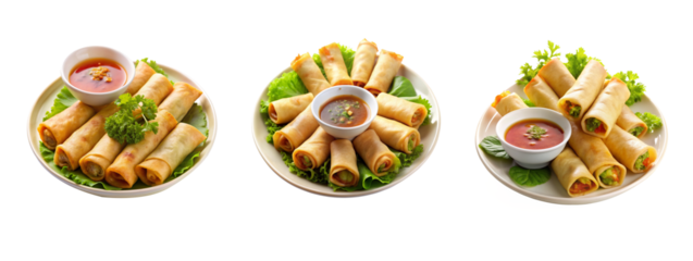 High-Resolution Plate of Spring Rolls with Dipping Sauce on Transparent Background for Food Design