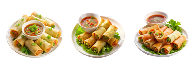 High-Resolution Plate of Spring Rolls with Dipping Sauce on Transparent Background for Food Design