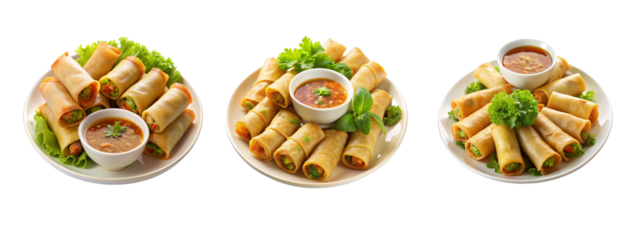 High-Resolution Plate of Spring Rolls with Dipping Sauce on Transparent Background for Food Design