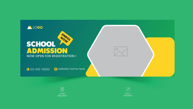 School admission facebook cover design, back-to-school social media banner, online education banner ads template.	
