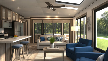 Fototapeta premium Modern kitchen with white marble top and blue armchair and glass wall. Created with Ai