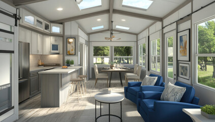 Fototapeta premium Modern living area with blue armchair. Created with Ai