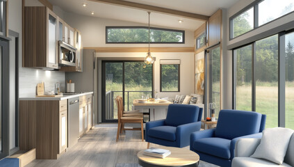 Fototapeta premium Modern living room with blue armchair on the wooden floor. Created with Ai