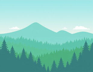 Simple Mountain Landscape with Pine Trees in Green Shades