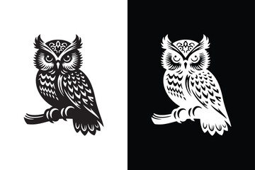 owl silhouette vector style with black and white background.