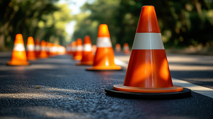 Sunlit road with bright orange traffic cones lined up on smooth asphalt, symbolizing caution and safety. The empty street under a clear sky suggests peace, solitude, and the orderly flow of traffic