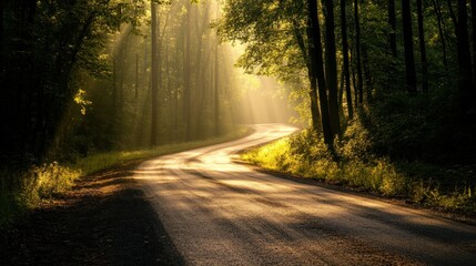 Fototapeta premium Sunlight Streaming Through Trees on a Winding Road