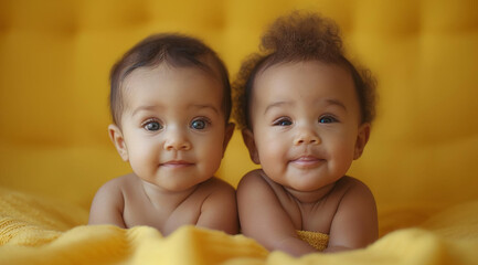 Two dark-skinned smiling babies lie on yellow bed linen close up, created with Generative AI technology