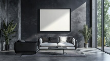 Modern Living Room with White Sofa, Black Armchair, and Empty Picture Frame