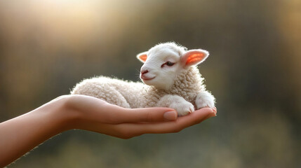 A serene image of a woman's hand gently holding a lamb in a blurred, grassy field. The lamb symbolizes innocence and purity, evoking feelings of care and protection in a tranquil, pastoral setting