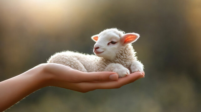 A serene image of a woman's hand gently holding a lamb in a blurred, grassy field. The lamb symbolizes innocence and purity, evoking feelings of care and protection in a tranquil, pastoral setting
