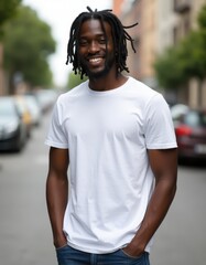 Smiling young African American man with dreadlocks wearing a white t-shirt standing in an urban street.