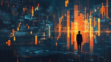 Fototapeta premium A Silhouette of a Person Standing in a Digital Cityscape with Orange and Blue Lights