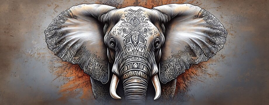 A traditional line drawing of an elephant with intricate tribal patterns, set against a rustic, earthy background, close-up view, more clarity with clear light and sharp focus, high detailed