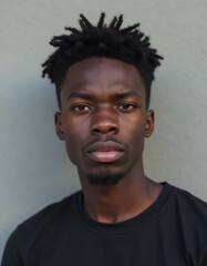 Obraz premium Young African male with a serious expression, wearing a black shirt against a light grey background.