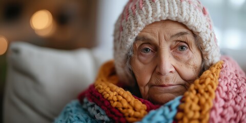 An old pensioner is wrapped up to keep warm at home, sitting in an armchair, as they can't afford to turn the heating on