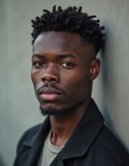 Young African American man with short curly hair poses against a concrete wall.