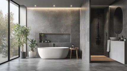 Modern Gray Bathroom Interior with Abundant Natural Light and Elegant Design Aesthetics