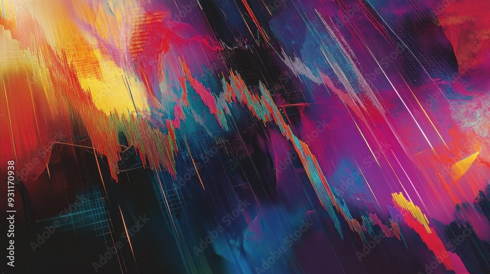 Poster Abstract digital art with a blend of bright colors and diagonal lines