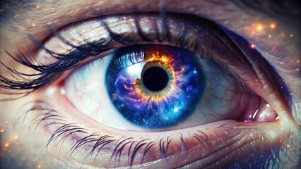 A striking close-up shot of an eye with a mesmerizing galaxy in the pupil, space, eye, universe, cosmic, astronomy, close-up