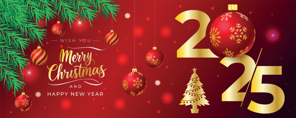 2025 Merry Christmas and Happy New Year Greeting Card with Gold Ornaments, Decorations, Xmas Ball, light, pine. Sparkle Red Background Banner Template