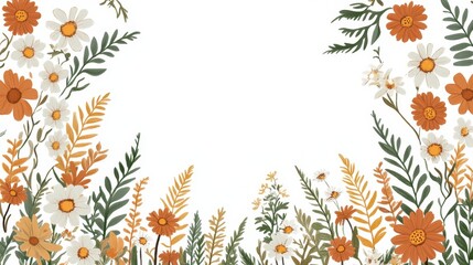 Obraz premium A floral border design featuring various flowers and leaves on a white background.