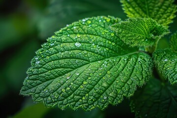 Close-up of green leaf with water droplets and textured surface