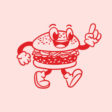 hand drawn burger cartoon mascot retro illustration