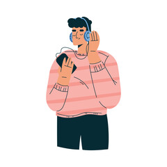 New Technologies with Man Character Listen to Music with Headphone and Smartphone Vector Illustration