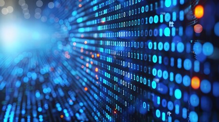 Obraz premium Computer background with lines of binary code. Blue computer code background with digital elements 