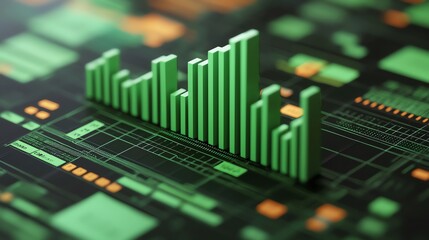 A 3D of a green bar graph on a digital background, representing data analysis, business growth, and financial statistics.