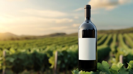 Organic wine bottle, with vineyard background.
