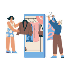 New Technologies with Woman Character with Smartphone Shopping Choose Dress Vector Illustration © Happypictures