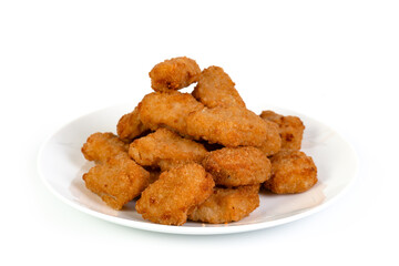 Delicious chicken nuggets in a plate, isolated white background