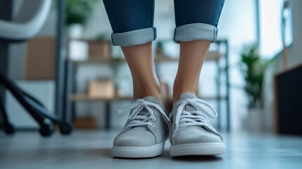 Woman Changing Shoes to Comfortable Sneakers