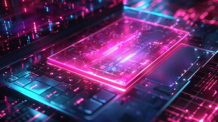 Obraz premium Futuristic illustration about computer technology with a laptop in neon colors. For cover backgrounds, wallpapers and other modern projects