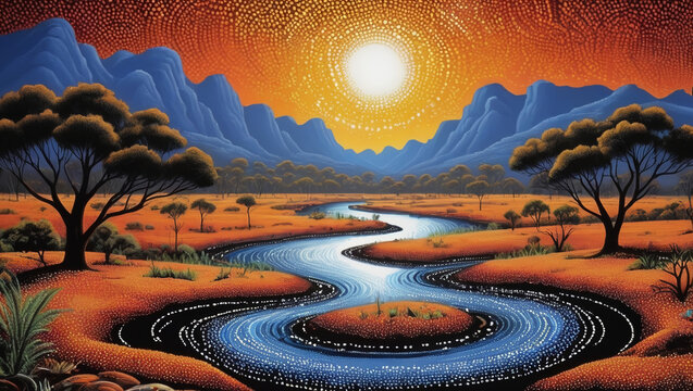 Australian Aboriginal dot painting style art landscape with river