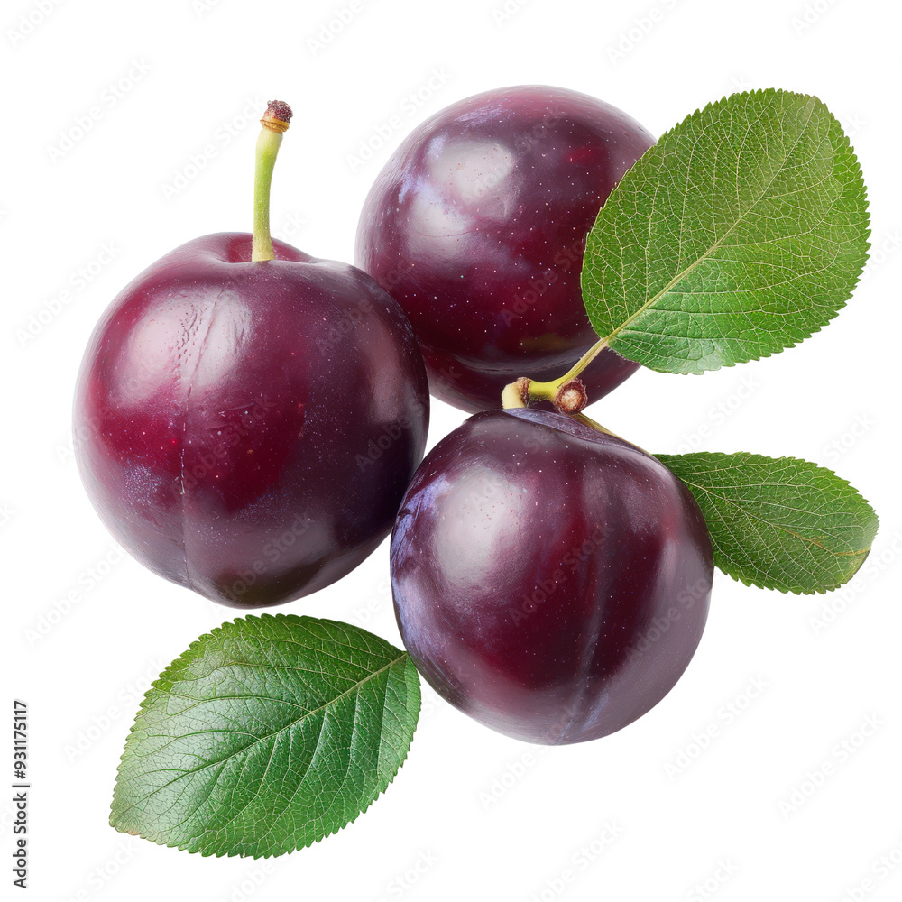 Wall mural fresh, ripe plum fruits with vibrant colors and green leaves, isolated on a white background.